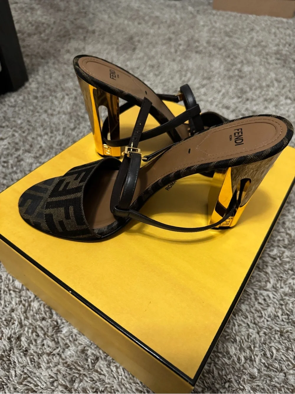 Fendi Black and Gold FF Logo Block Heel Sandals - Picture 3 of 4